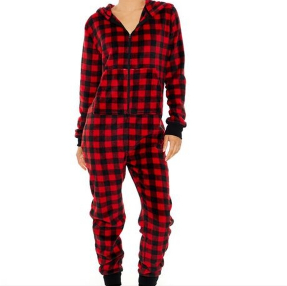FOREVER 21 Hooded Fleece Plaid Cristmas Pajama Jumpsuit Size Small Winter - Picture 1 of 11